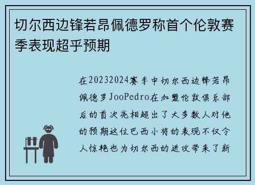 切尔西边锋若昂佩德罗称首个伦敦赛季表现超乎预期